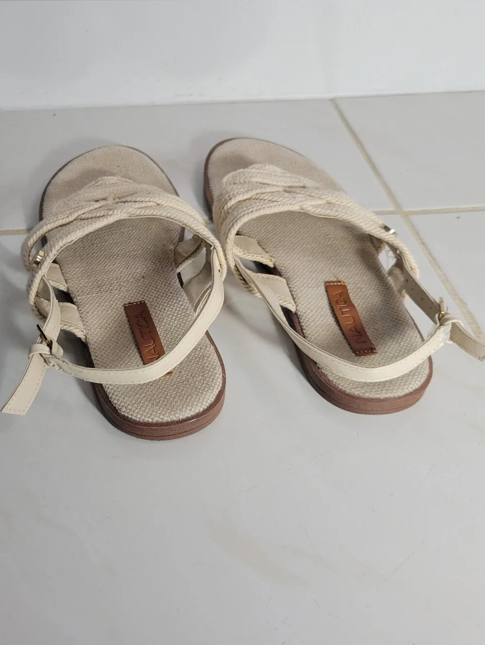 Nautica Cream Knotted Rope T-Strap Sandals Women, Size 8